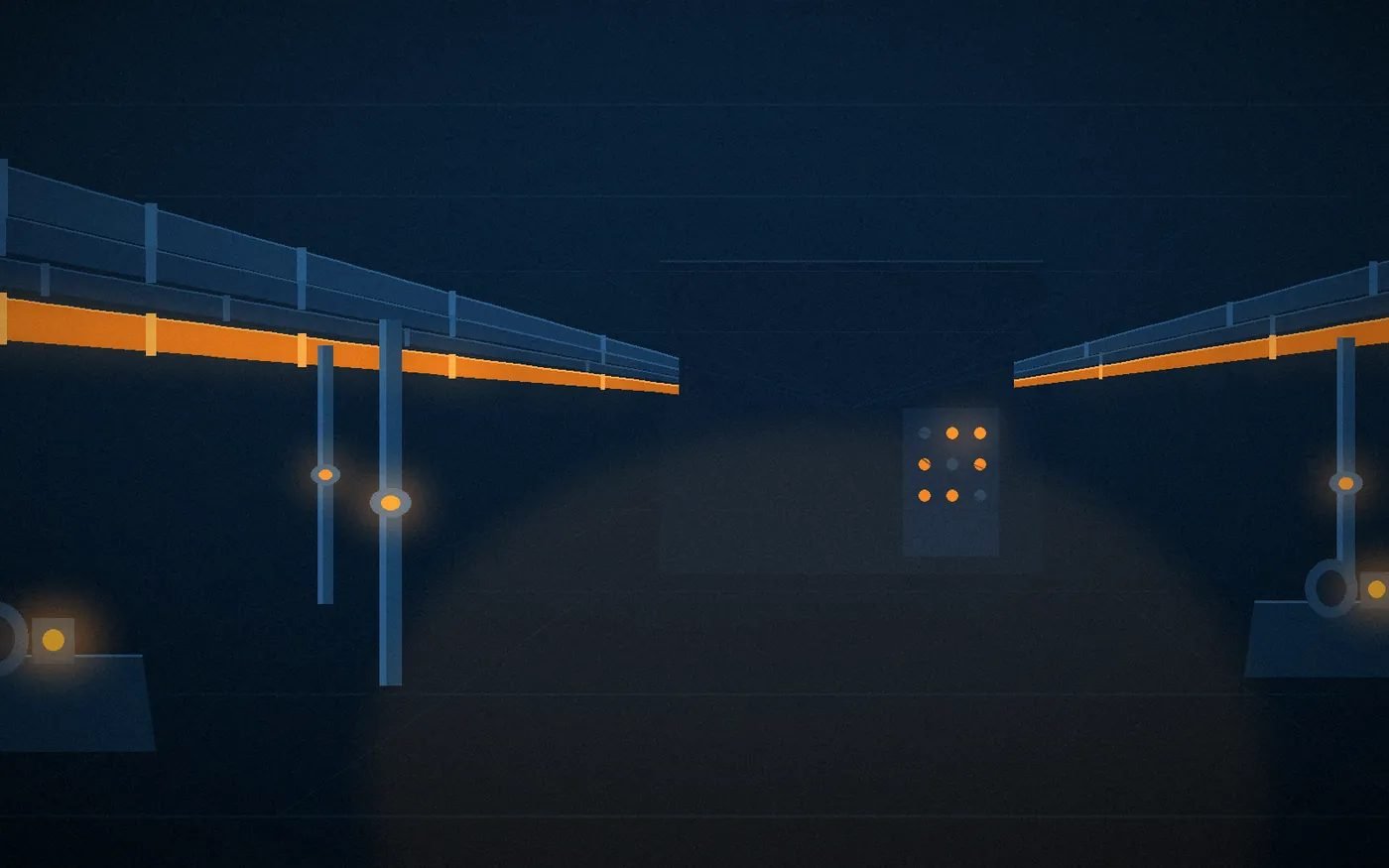 Illustration of a mechanical room: insulated supply mains, branch drops, isolation valves, pump skids and a control panel