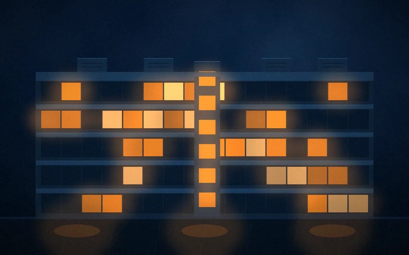 Illustration of a modern school building at dusk representing the École Élémentaire Renaissance daycare addition in Burlington, Ontario